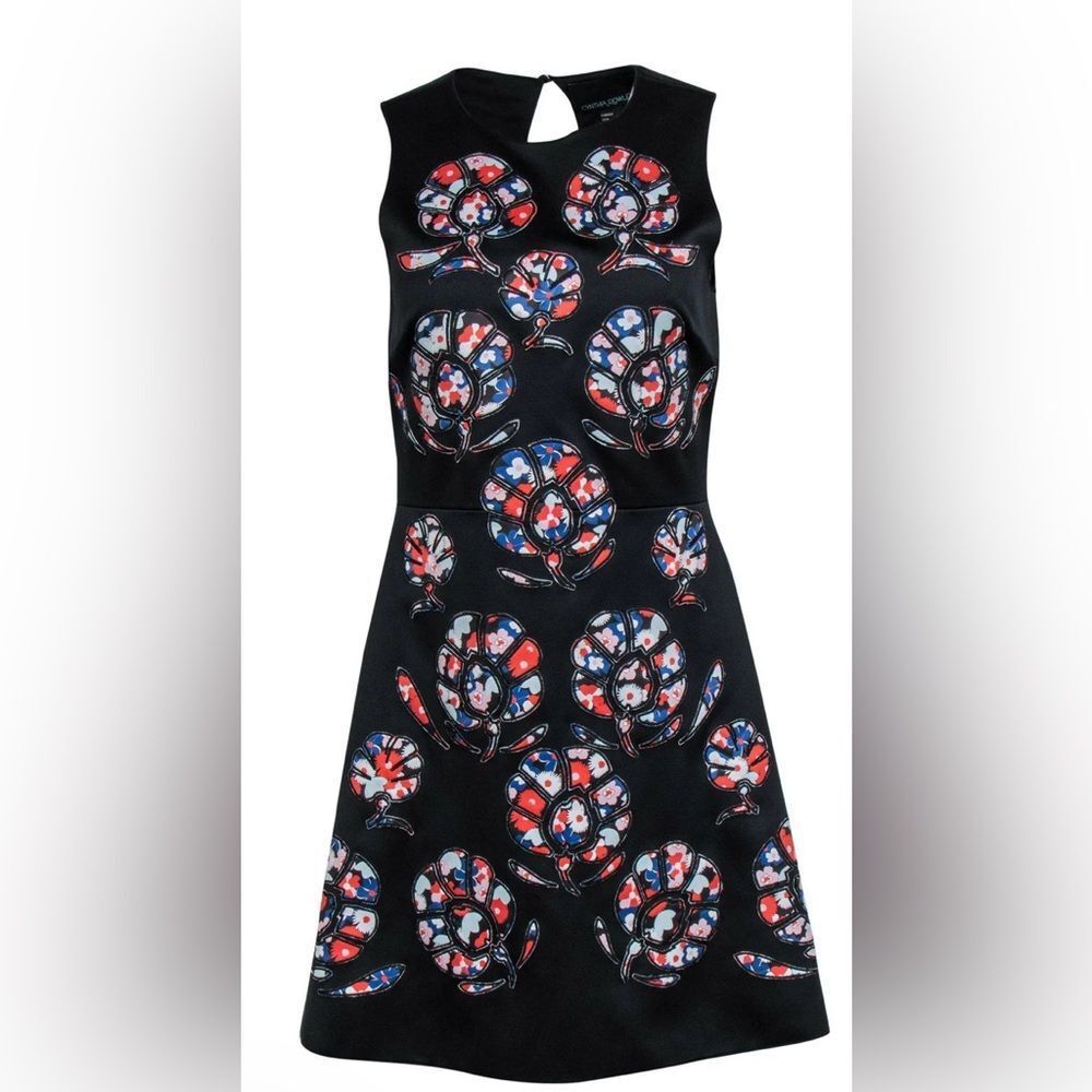 Cynthia Rowley Black Floral Applique Bonded Satin Open Back Mini Dress Size 8 - Picture 4 of 8